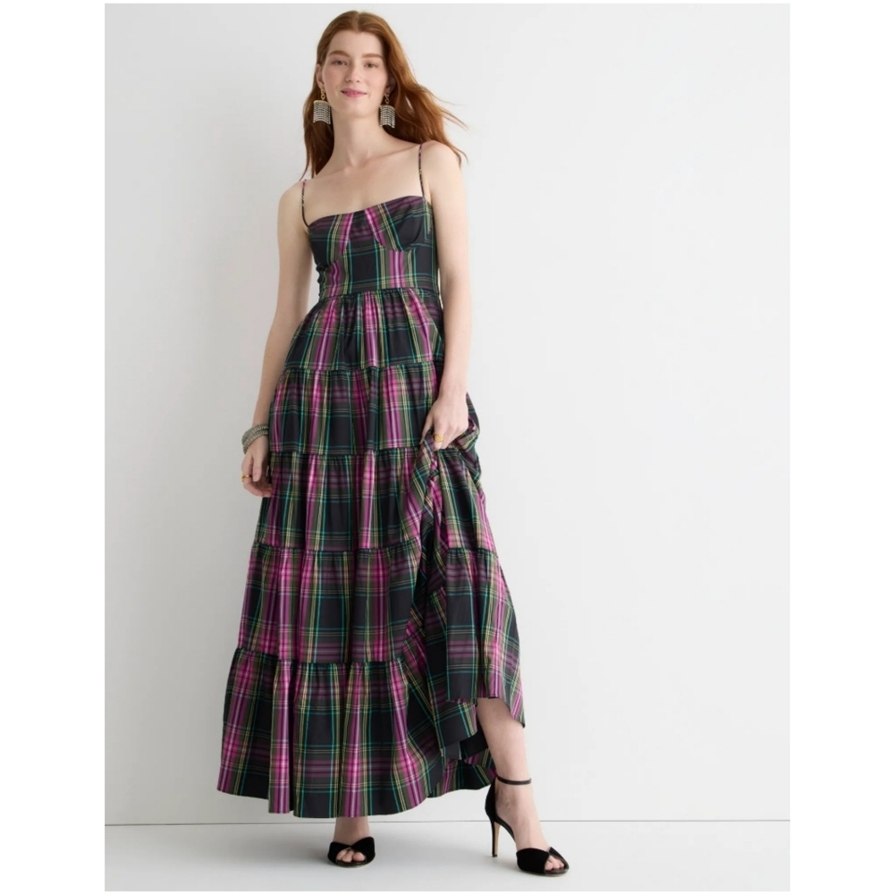 68. J.Crew Tiered taffeta maxi dress in pink Stewart tartan